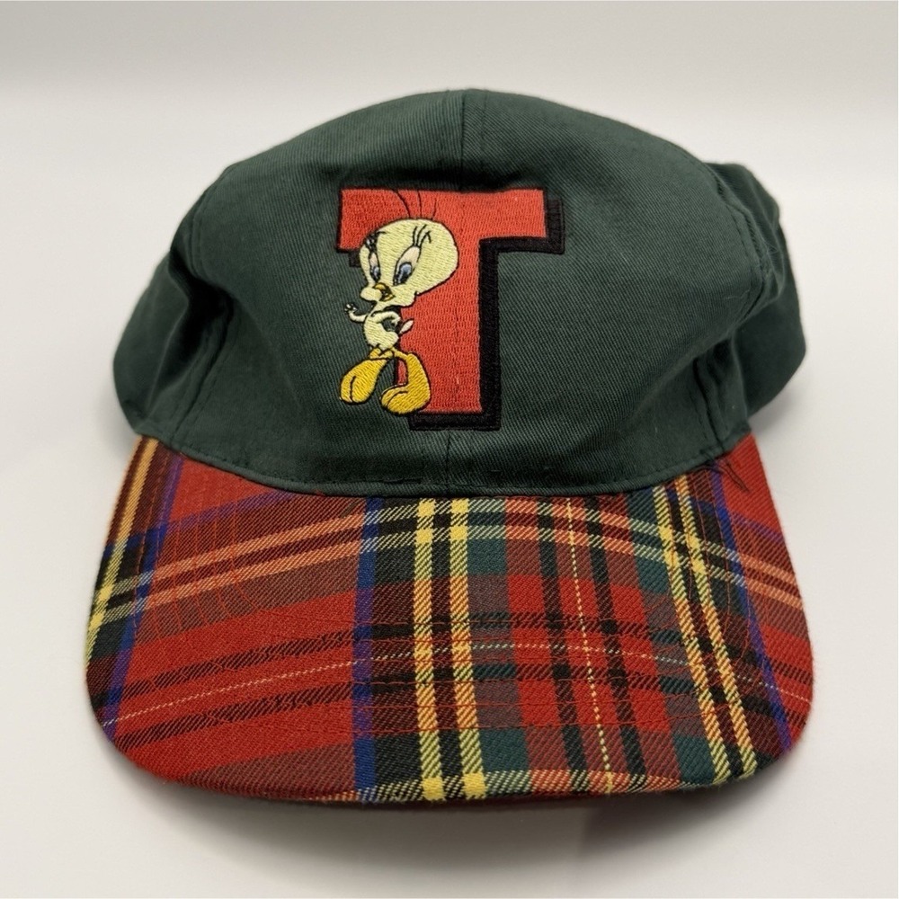 Vintage Y2K Six Flags Tweety Looney Tunes Plaid Green Snapback Hat